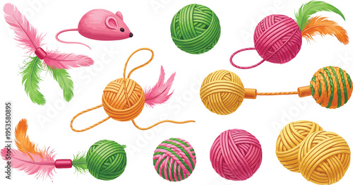 Colorful Cat Toys with Yarn Balls and Feather Teasers on White Background