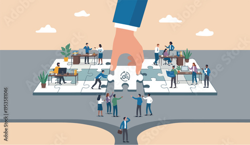 Build to of the ho for go leadership develop teamwork or business partner, cooperate or Big Desk collaborate for to success, assist or to help, giant businessman hand connect last jigsaw puzzle
