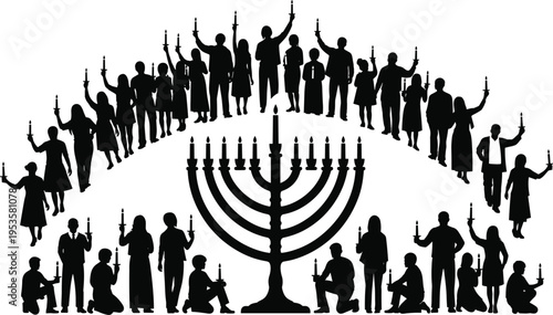 Large Community People Silhouette Gathering with Burning Candles Around a Jewish Menorah for Hanukkah Festival of Lights Celebration Vector - flavector