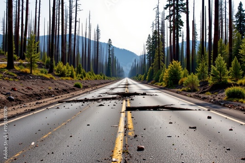 Long forest road lined with burned and green trees, scattered with debris, symbolizing resilience, recovery, and nature’s renewal after destructive wildfire.