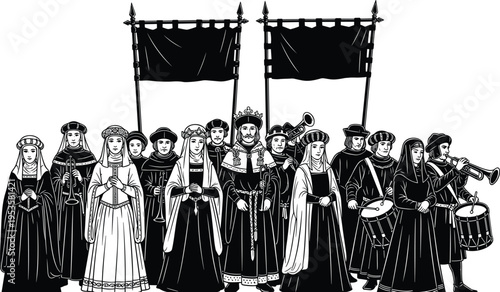 Medieval royal procession with king and musicians queen