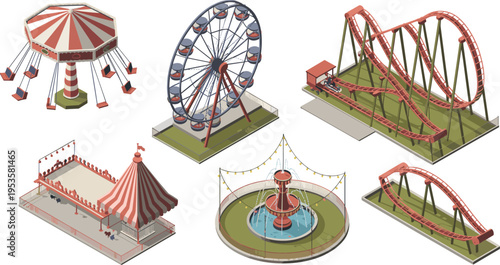 Isometric Amusement Park Set with Roller Coaster Ferris Wheel Carousel Swing Ride Water Fountain and Carnival Attractions for Theme Park Design