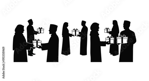 A line of people exchanging gifts depicted as a striking black and white silhouette high quality
