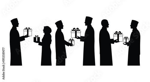 A line of people holding gift boxes in a stark dramatic black silhouette high quality professional