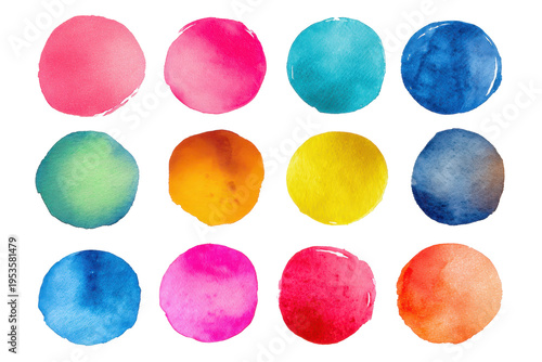 Colorful watercolor circles arranged in a grid pattern on a white background showcasing vibrant tones and designs