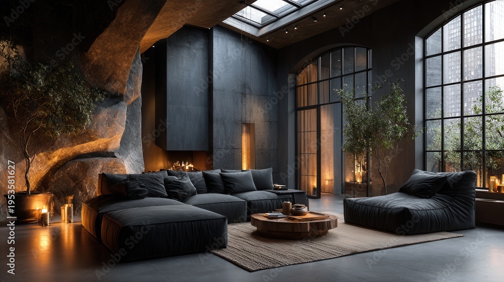 Fototapeta premium minimalist dark japandi bedroom featuring wood, stone, and soft textiles, warm lighting, tranquil and elegant aesthetic, cozy and serene interior design