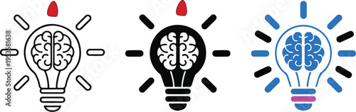 Three stylized light bulb icons featuring a brain design to represent the concept of innovation