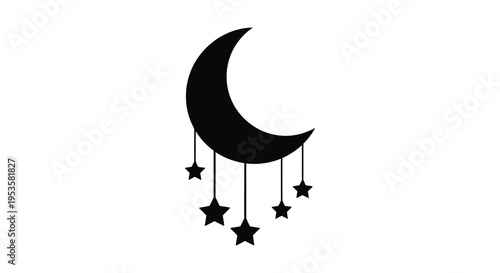 A minimalist black crescent moon with dangling stars creates a calming nighttime scene silhouette high quality
