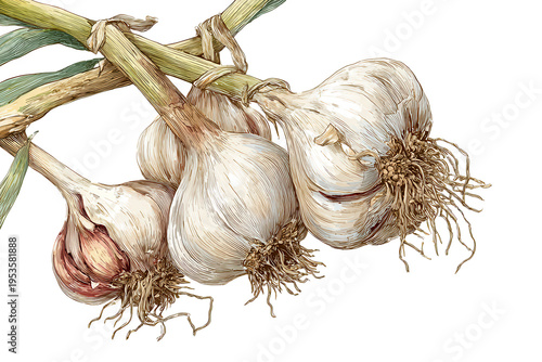 Garlic bulbs hanging together in a bunch with roots visible on a white background