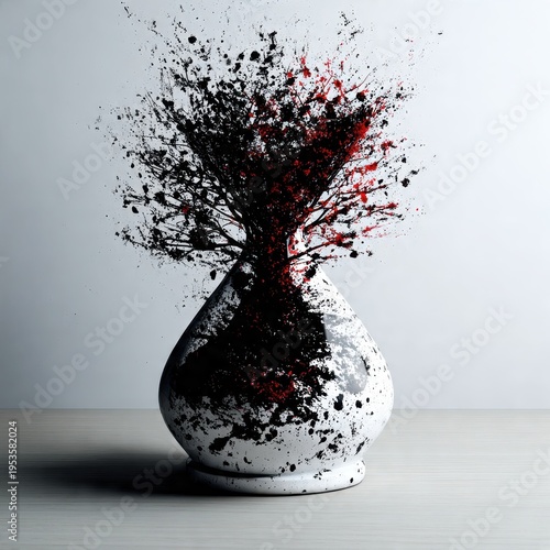 Dynamic Abstract Art: Black and Red Paint Explosion from a White Vase-like Object, Creating a Burst of Creative Energy and Artistic Chaos on a Clean Background