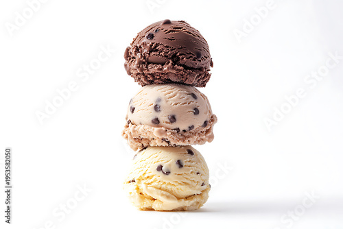 A stack of three scoops of ice cream with chocolate chips on a white background