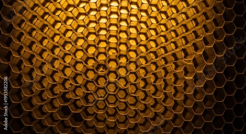 Wallpaper Mural Closeup of a golden honeycomb structure with hexagonal cells illuminated by warm light. Torontodigital.ca