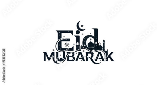 A festive eid mubarak greeting with islamic architectural elements rendered as a striking silhouette high quality