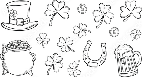 Saint Patricks Day doodle set with clover beer pot gold