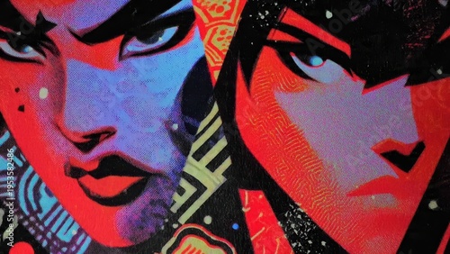 Dynamic Duo: Stylized Graphic Art of Two Intense Faces with Bold Colors and Abstract Patterns, Modern Pop Art Aesthetic