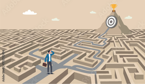 Path idea work flat company chart assessment project businessman finding the way in labyrinth to reach target