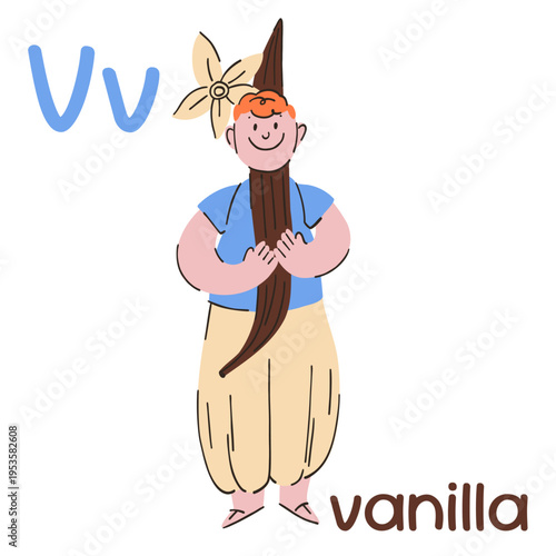 A shy, red-haired boy in a vanilla bean costume and harem pants, an educational flashcard for the letter V