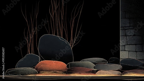 Minimalist Zen Stone Arrangement with Dark Branches and Subtle Reflections on a Black Background, Evoking Calm, Balance, and Serene Nature