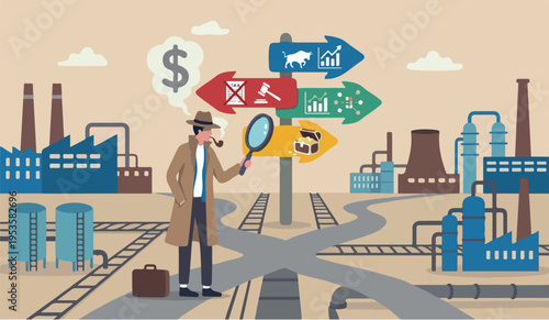 Search development company chart assessment with magnifying glass smoking pipe with dollar sign smoke