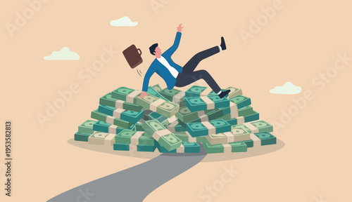 Insurance, reserve money or emergency fund on business failure, mistake accident, compensation money support cushion concept, fail businessman falling huge money banknotes safety cushion