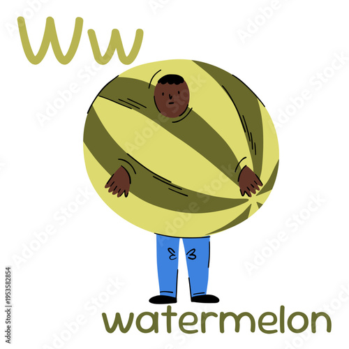 Sad boy in a watermelon costume with a hole for his face, costume party, letter W for learning English for toddlers