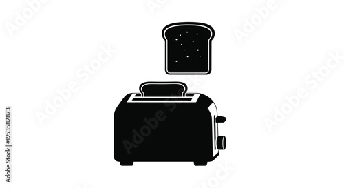 A black and white illustration of a toaster with a slice of toast popping up