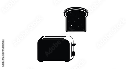 A black silhouette of a toaster and a slice of toast with stars