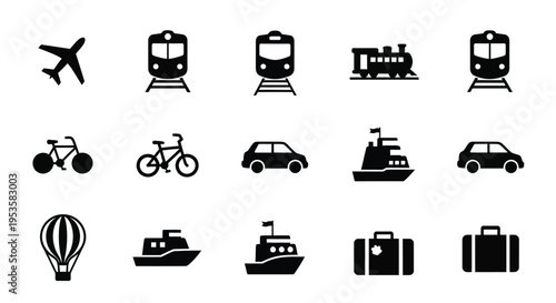 Black and white icons depicting various modes of transportation and travel