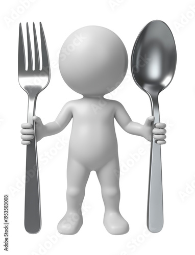 3D Character Holding Fork and Spoon with Both Hands