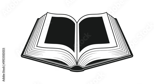 An open book with blank pages is depicted in a stark minimalist black silhouette high quality