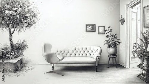 Monochromatic Sketch of a Serene Interior Design Blending Classic Furniture with Modern Elements and a Striking Indoor-Outdoor Tree Feature.