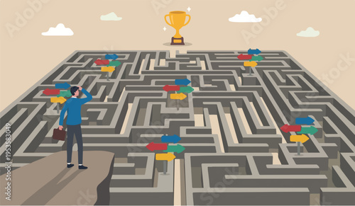 Path goal and win trophy, solve problem or business decision concept, contemplation businessman finding the way in labyrinth to reach target