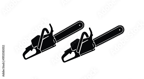 Two black silhouettes of chainsaws displayed at an angle