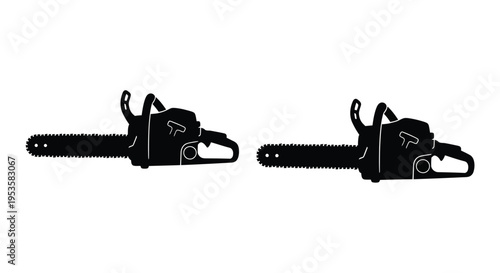 Two black silhouettes of chainsaws against a plain white background