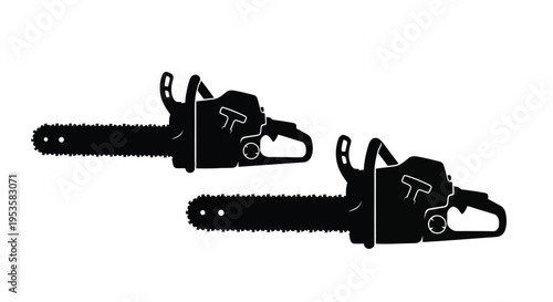 Two black silhouette depictions of gasoline powered chainsaws side view