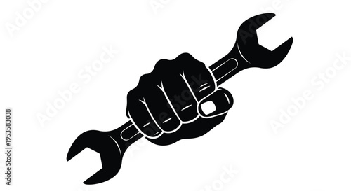 A black silhouette of a hand firmly gripping a wrench