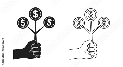 Hand holding money trees growth finance and wealth illustration