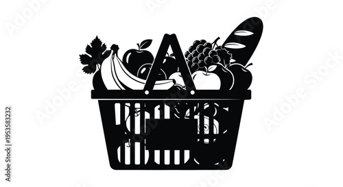 A black and white illustration of a full grocery basket with fruit and bread
