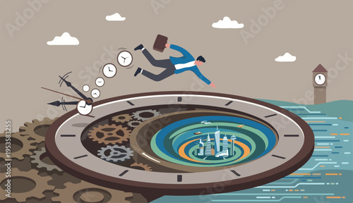 Time management time travel future, time fast to work deadline, productivity efficiency, effort work schedule, evolution concept, businessman jump into clock to the future