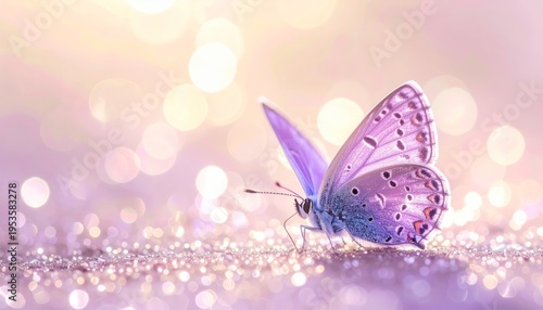 A beautiful pink butterfly rests on a purple orchid blossom in a summer garden field, creating a floral nature background perfect for a spring beauty design illustration or greeting card
