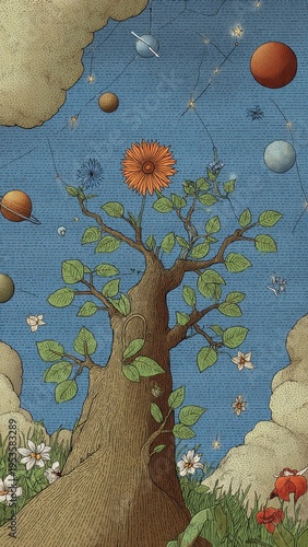 Surreal whimsical illustration of a vibrant tree with an orange flower blooming towards the cosmos, surrounded by planets, stars, and earthly elements.
