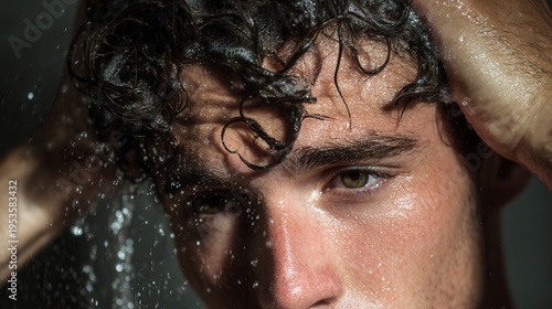 close-up of male hands lathering shampoo in hair under shower, bathroom background, personal care and hygiene concept, clean and refreshing scene