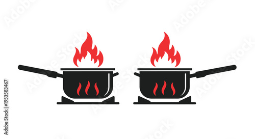 Two black pots with red flames depicted in a simple graphic style