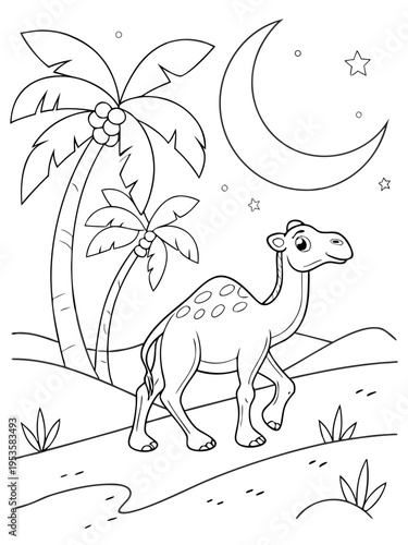 A cartoon camel standing on a sand dune