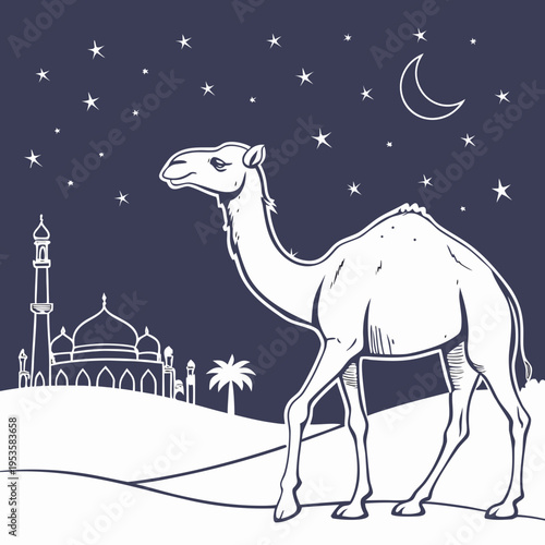 A camel standing in front of a mosque at night