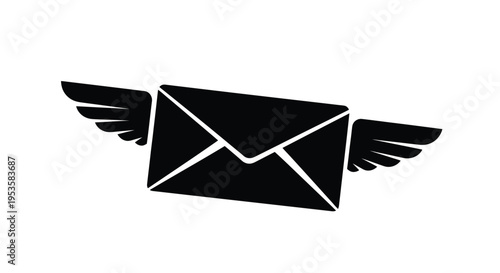 A black and white illustration of a flying letter with attached wings