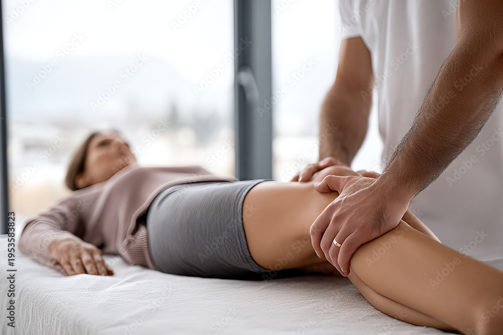 Obraz premium Physiotherapist performing manual leg therapy on female patient in modern clinic - rehabilitation massage for muscle recovery and pain relief