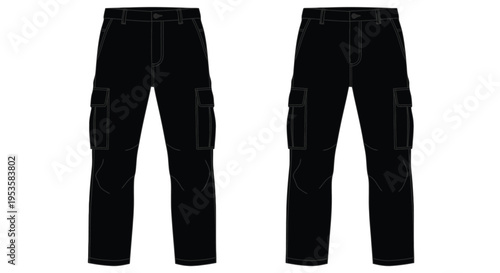 Black cargo pants design illustration with front and back views displayed