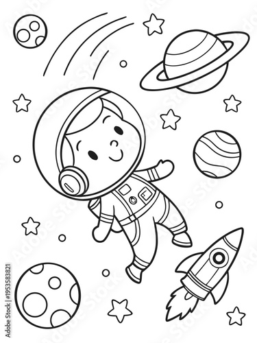 A cartoon astronaut floating in space with planets