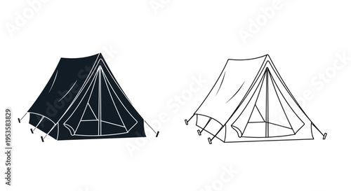 Two black and white illustrations of a classic camping tent design